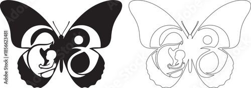 Black and White Abstract Butterfly Vector Icon with Mother and Child Silhouette isolated PNG with Transparent Background