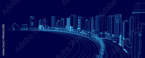 Blueprint city skyline contour on a dark blue background features tall buildings and trees in a minimalist architectural design.