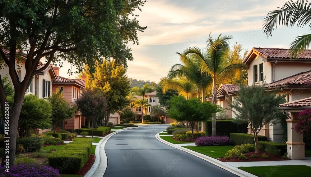 Fototapeta premium Upscale Costa Mesa homes, tree-lined streets, lush landscaping, California, residential