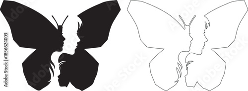 Duality Concept Butterfly Logo with Intersecting Human Faces Silhouette and Line Art Vector isolated PNG with Transparent Background