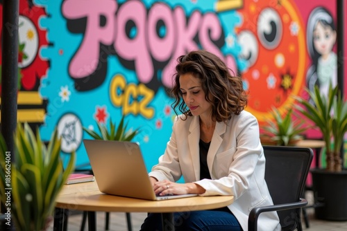 Creative Female Entrepreneur Working on Laptop in Vibrant Outdoor Workspace adorned with Graffiti and Art Installations
