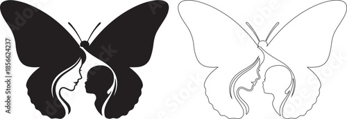 Abstract Butterfly Logo with Mother and Child Profile, Black and Outline Vector Graphic isolated PNG with Transparent Background