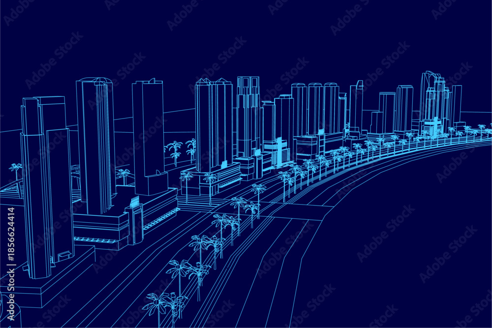 Fototapeta premium A city blueprint contour features tall buildings and palm trees against a dark blue background.