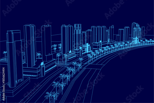 A city blueprint contour features tall buildings and palm trees against a dark blue background.