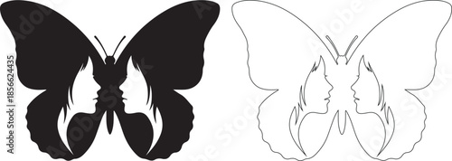 Black Butterfly Silhouette and Outline Vector with Female Faces in Negative Space for Logo Design isolated PNG with Transparent Background