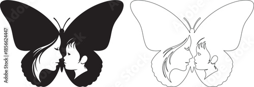Isolated Vector Graphic of Mother and Child Faces in Butterfly Shape. Black and White Design. isolated PNG with Transparent Background
