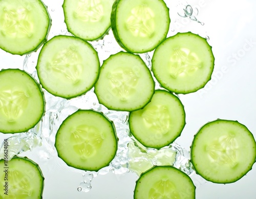 Fresh cucumber slices splashing in clear water