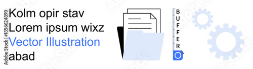 File management, data organization, workflow optimization, information storage, digital filing, productivity tools. Open folder with documents and gears. File management and data organization concept