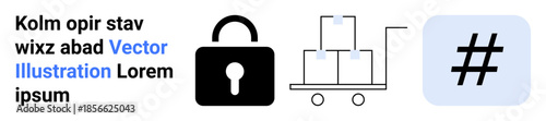 Lock, cart stacked with boxes, and metadata tag on soft blue square represent data security, logistics, and digital communication. Ideal for safe shipping, e-commerce, content management, simple