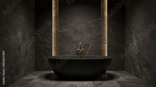 Luxurious modern bathroom interior with elegant black freestanding bathtub and dark marble design