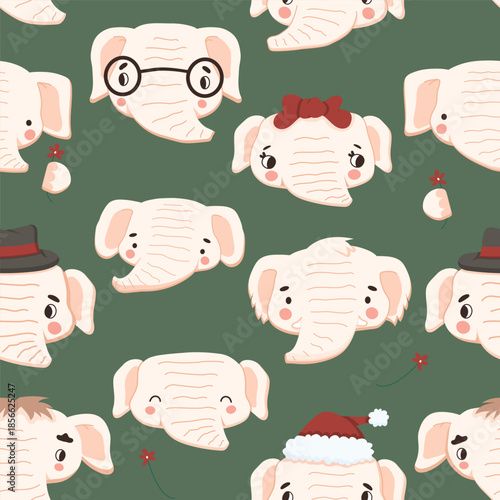 Seamless pattern set of cute white cartoon elephants on a green background. Some elephants are with bows hats glasses and flowers. Vector illustration for kids fabric, apparel, and wrapping paper