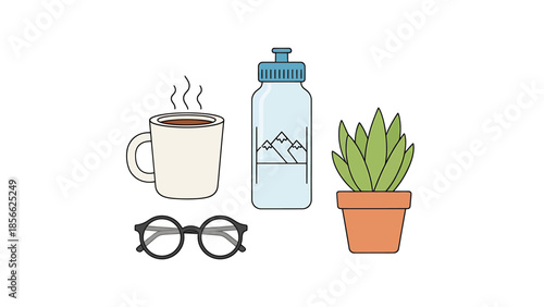 Desk setup with a hot beverage, water bottle, eyeglasses, and a potted plant, presented as a vector illustration