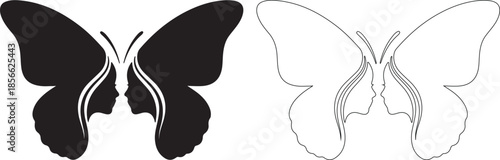 Black and Outline Butterfly Vector Graphic with Two Female Faces Optical Illusion isolated PNG with Transparent Background