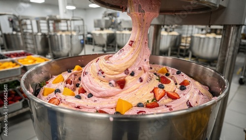 Medium shot of vibrant fruitinfused cake batter swirling inside a heavyduty mixer capturing fresh ingredient incorporation in a highcapacity frozen dessert facility.