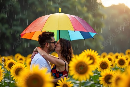 Embracing a rainbow umbrella amidst sunflowers in a summer rain shower.