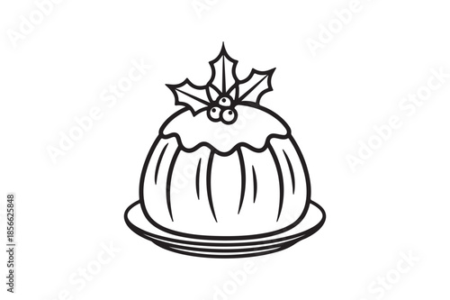 Christmas Pudding Silhouette with Holly, Black and White Holiday Dessert Vector