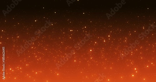 Warm glowing dust particles floating on a dark orange background, cinematic abstract atmosphere with soft sparkles and smooth motion for elegant visuals.