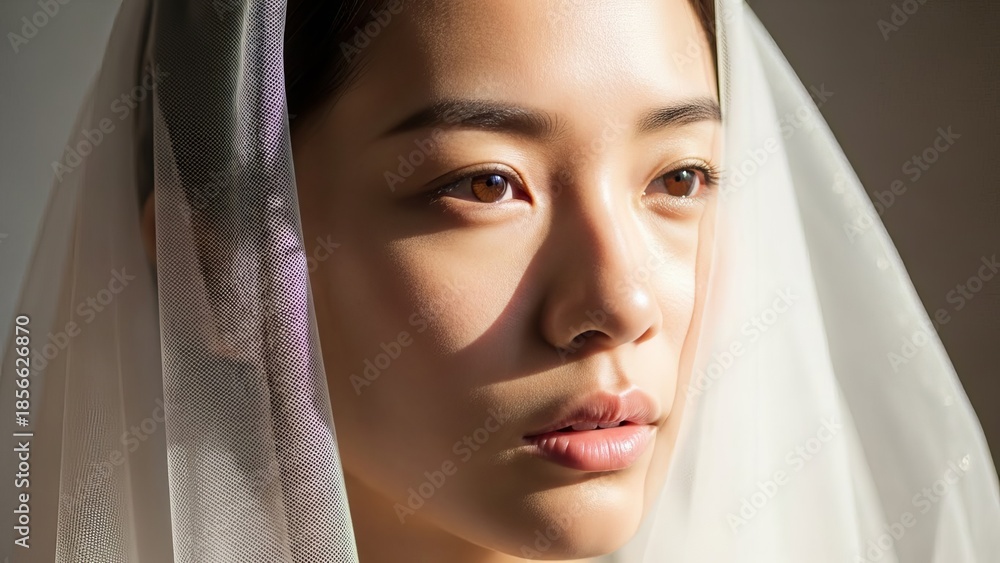 Fototapeta premium A serene Asian woman wearing a white veil looks directly at the camera