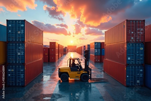 Captivating Sunrise Drone Footage of a Busy Industrial Shipping Yard with Stunning Sky Colors