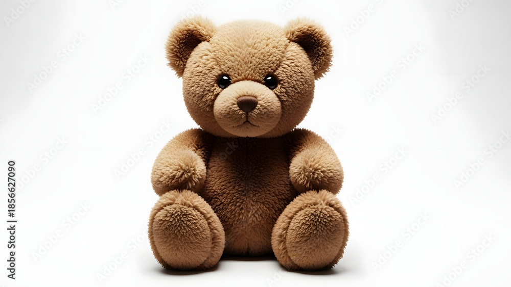 Obraz premium A cute brown teddy bear sitting on a plain white background. This classic stuffed animal is a symbol of childhood comfort, innocence, and gentle friendship