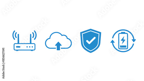 Essential Vector Icons Set Representing Digital Connectivity, Cloud Storage, Data Security, and Power Management