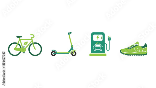 Collection of sustainable lifestyle and eco-friendly transportation vector icons, promoting green mobility and active living choices