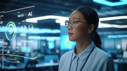 Young Asian Female Engineer Working with Advanced AI Interface in High-Tech Control Room.