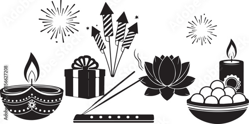 Diwali festival with fireworks and gifts black and white