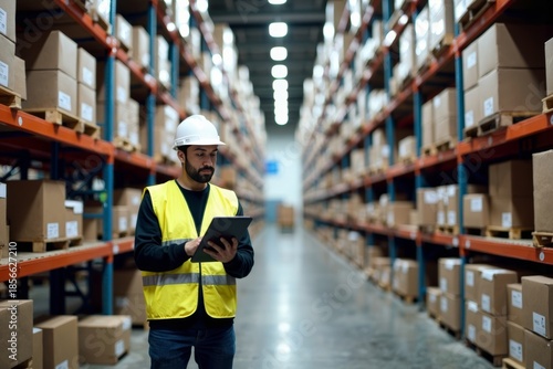 Warehouse Supervisor Surrounded by Colorful Inventory, Utilizing Tablet to Monitor Stock and Shipments from Aerial Perspective