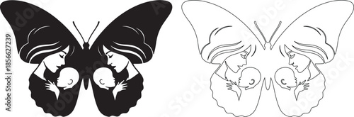 Stylized Mother and Baby Butterfly Vector Graphic Silhouette and Outline isolated PNG with Transparent Background