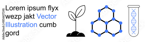 Biotechnology, sustainability, genetic research, molecular science, biology, environmental innovation. A plant, molecular structure and test tube with DNA. Biotechnology and sustainability concept