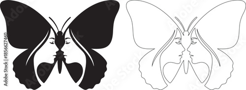 Black and White Vector Butterfly with Hidden Female Faces Optical Illusion isolated PNG with Transparent Background