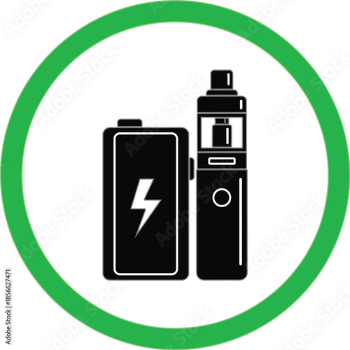 Electronic cigarette vape device with battery power icon inside green circle, modern vaping and smoking alternative symbol vector illustration isolated on white