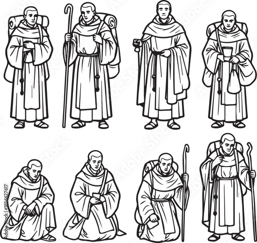 Monks in various poses and outfits black and white robes