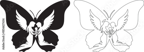 Isolated Black and White Vector Illustration: Butterfly with Angels Holding Baby. Family Love and Protection. isolated PNG with Transparent Background