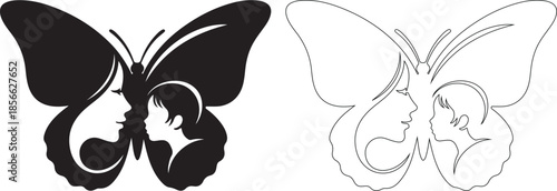 Stylized Butterfly with Mother and Child Faces Silhouette and Outline Vector Illustration isolated PNG with Transparent Background