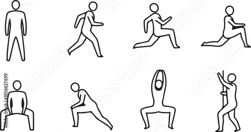 Stick figures of people in various poses and actions exercises simple