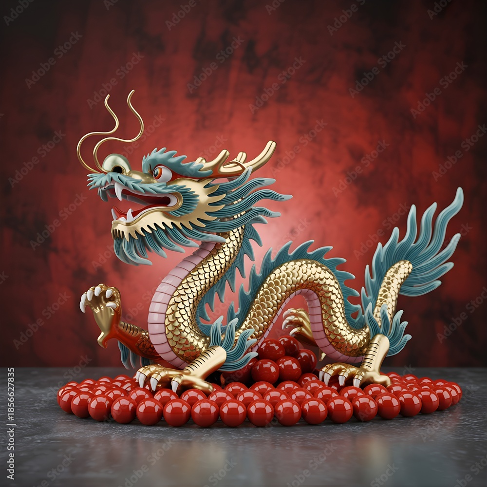 Fototapeta premium Chinese Dragon Ornate Statue on Red Beads with Textured Background 3D Render