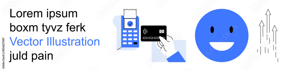 Fototapeta premium Digital payment systems, transaction security, user experience, online shopping, modern technology, e-commerce. Card being inserted in a POS and a smiling face symbol. Digital payment and transaction