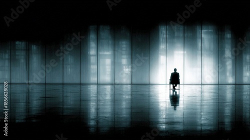 Solitary Contemplation: In a vast, modern space, a lone figure sits, lost in thought. Reflective surfaces mirror the scene, amplifying a mood of introspection.