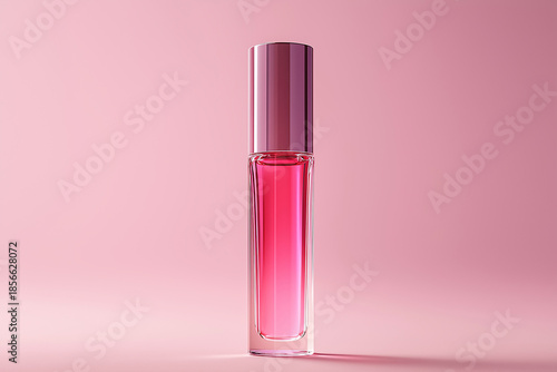 Pink lip gloss bottle isolated on pastel background. Luxury decorative cosmetics, clean minimal beauty style, professional makeup artistry, fashion. Lip shine, glaze, plumper, jelly, oil or treatment.