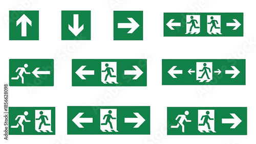 Vector set of clear safety signs, featuring green emergency exit pictograms with running figures and universal directional arrows for guidance
