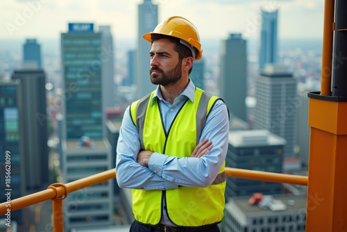 Intimidating Construction Worker in Hardhat Stands Proudly atop Crane, Gazing at Futuristic Cityscape