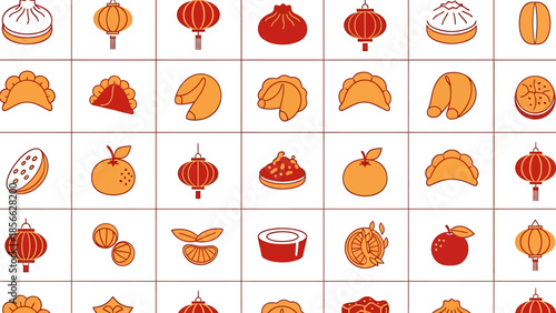 Vibrant vector icon set depicting Lunar New Year and Chinese celebration essentials like traditional food, auspicious lanterns, and citrus fruits