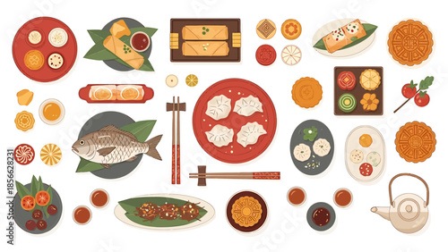Traditional Asian Foods and Drinks Flat Lay Vector Illustration