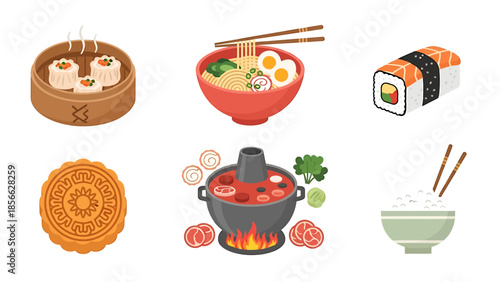 Asian Cuisine Collection Featuring Dim Sum, Ramen, Sushi, Mooncake, Hot Pot, and Rice