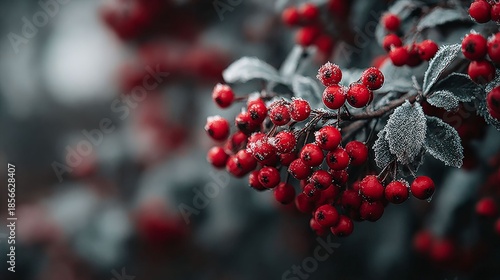 Red Berries in Winter Embrace: Vibrant red berries, dusted with a delicate layer of frost, adorn a branch, creating a picturesque scene of winter's beauty.