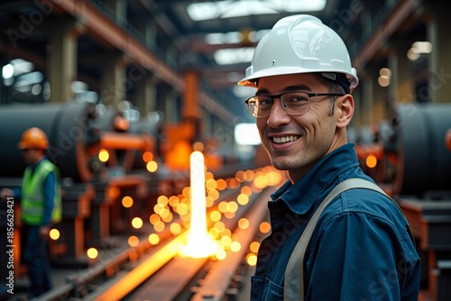 Engineer in Hard Hat and Safety Goggles Smiles Among Sparks and Machinery in Busy Steel Factory Production Line
