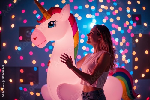 Woman Embracing a Massive Inflatable Unicorn amidst a Shower of Multicolored Sparkles