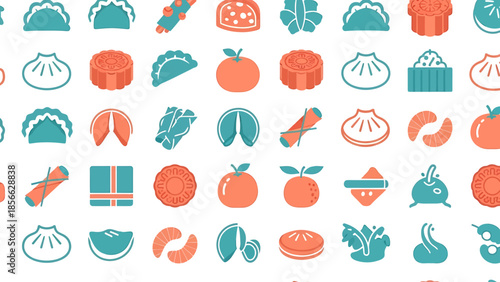 Vibrant and festive Chinese food icons creating a seamless vector pattern, showcasing popular Asian dishes and cultural culinary elements